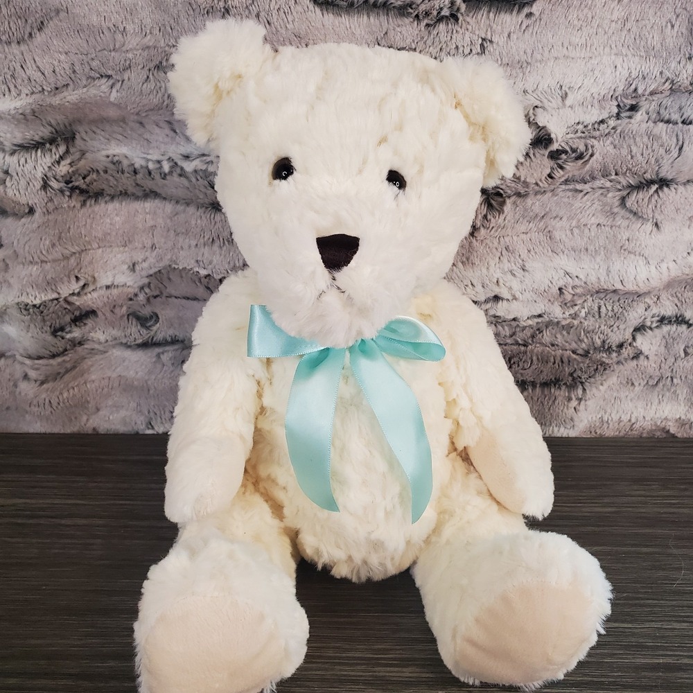 Inter-American Cream Colored Teddy Bear 11" Sitting W/ Teal Blue Satin Neck Bow